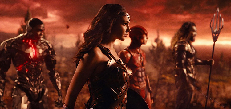 Cyborg (Ray Fisher), Wonder Woman (Gal Gadot), the Flash (Ezra Miller), and Aquaman (Jason Mamoa) Prepare for the Final Battle in Justice League
