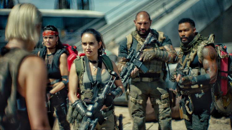 Scott Ward (Bautista) Flanked by Vanderohe (Hardwick), Maria Cruz (Ana de la Reguera), and Chambers (Samantha Win) in Army of the Dead
